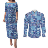 Federated States of Micronesia Merry Christmas Couples Matching Puletasi and Long Sleeve Button Shirt Pacific Patchwork Xmas Vibes LT9 Blue - Polynesian Pride