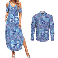 Federated States of Micronesia Merry Christmas Couples Matching Summer Maxi Dress and Long Sleeve Button Shirt Pacific Patchwork Xmas Vibes LT9 Blue - Polynesian Pride