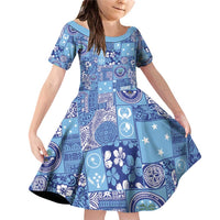 Federated States of Micronesia Merry Christmas Family Matching Off Shoulder Short Dress and Hawaiian Shirt Pacific Patchwork Xmas Vibes LT9 Daughter's Dress Blue - Polynesian Pride