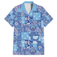 Federated States of Micronesia Merry Christmas Family Matching Off Shoulder Short Dress and Hawaiian Shirt Pacific Patchwork Xmas Vibes LT9 Dad's Shirt - Short Sleeve Blue - Polynesian Pride