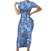 Federated States of Micronesia Merry Christmas Family Matching Short Sleeve Bodycon Dress and Hawaiian Shirt Pacific Patchwork Xmas Vibes LT9 Mom's Dress Blue - Polynesian Pride