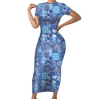 Federated States of Micronesia Merry Christmas Short Sleeve Bodycon Dress Pacific Patchwork Xmas Vibes LT9 Long Dress Blue - Polynesian Pride
