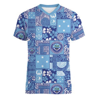 Federated States of Micronesia Merry Christmas Women V-Neck T-Shirt Pacific Patchwork Xmas Vibes LT9 Female Blue - Polynesian Pride