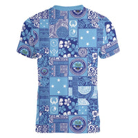 Federated States of Micronesia Merry Christmas Women V-Neck T-Shirt Pacific Patchwork Xmas Vibes LT9 - Polynesian Pride