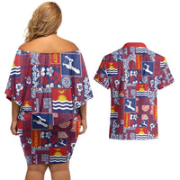 Kiribati Tekeraoi n te Kiritimati Couples Matching Off Shoulder Short Dress and Hawaiian Shirt Pacific Patchwork Xmas Vibes - Polynesian Pride