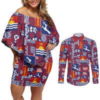Kiribati Tekeraoi n te Kiritimati Couples Matching Off Shoulder Short Dress and Long Sleeve Button Shirt Pacific Patchwork Xmas Vibes - Polynesian Pride