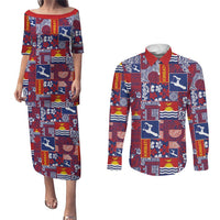 Kiribati Tekeraoi n te Kiritimati Couples Matching Puletasi and Long Sleeve Button Shirt Pacific Patchwork Xmas Vibes LT9 Red - Polynesian Pride