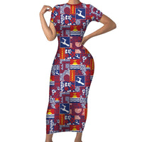 Kiribati Tekeraoi n te Kiritimati Short Sleeve Bodycon Dress Pacific Patchwork Xmas Vibes LT9 Long Dress Red - Polynesian Pride