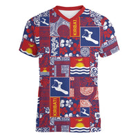 Kiribati Tekeraoi n te Kiritimati Women V-Neck T-Shirt Pacific Patchwork Xmas Vibes LT9 Female Red - Polynesian Pride