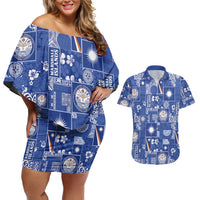 Marshall Islands Merry Christmas Couples Matching Off Shoulder Short Dress and Hawaiian Shirt Pacific Patchwork Xmas Vibes LT9 Blue - Polynesian Pride