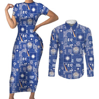 Marshall Islands Merry Christmas Couples Matching Short Sleeve Bodycon Dress and Long Sleeve Button Shirt Pacific Patchwork Xmas Vibes LT9 Blue - Polynesian Pride