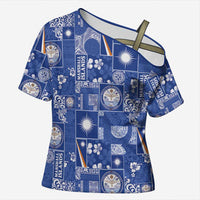 Marshall Islands Merry Christmas Cross Shoulder Shirt Pacific Patchwork Xmas Vibes LT9 Female Blue - Polynesian Pride