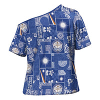 Marshall Islands Merry Christmas Cross Shoulder Shirt Pacific Patchwork Xmas Vibes LT9 - Polynesian Pride