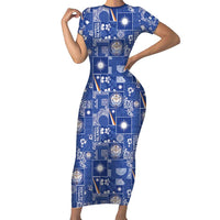 Marshall Islands Merry Christmas Short Sleeve Bodycon Dress Pacific Patchwork Xmas Vibes LT9 Long Dress Blue - Polynesian Pride