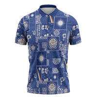 Marshall Islands Merry Christmas Zipper Polo Shirt Pacific Patchwork Xmas Vibes LT9 Blue - Polynesian Pride