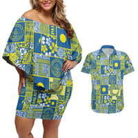 Palau Ungil Kurismas Couples Matching Off Shoulder Short Dress and Hawaiian Shirt Pacific Patchwork Xmas Vibes LT9 Green - Polynesian Pride
