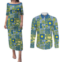 Palau Ungil Kurismas Couples Matching Puletasi and Long Sleeve Button Shirt Pacific Patchwork Xmas Vibes LT9 Green - Polynesian Pride