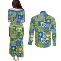 Palau Ungil Kurismas Couples Matching Puletasi and Long Sleeve Button Shirt Pacific Patchwork Xmas Vibes LT9 - Polynesian Pride