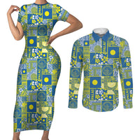 Palau Ungil Kurismas Couples Matching Short Sleeve Bodycon Dress and Long Sleeve Button Shirt Pacific Patchwork Xmas Vibes LT9 Green - Polynesian Pride