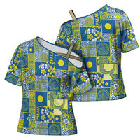 Palau Ungil Kurismas Cross Shoulder Shirt Pacific Patchwork Xmas Vibes LT9 - Polynesian Pride