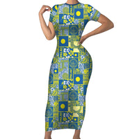 Palau Ungil Kurismas Short Sleeve Bodycon Dress Pacific Patchwork Xmas Vibes LT9 Long Dress Green - Polynesian Pride