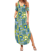 Palau Ungil Kurismas Summer Maxi Dress Pacific Patchwork Xmas Vibes LT9 Women Green - Polynesian Pride