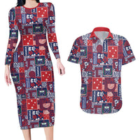 Red Samoa Manuia Le Kerisimasi Couples Matching Long Sleeve Bodycon Dress and Hawaiian Shirt Pacific Patchwork Xmas Vibes LT9 Red - Polynesian Pride