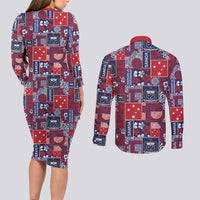 Red Samoa Manuia Le Kerisimasi Couples Matching Long Sleeve Bodycon Dress and Long Sleeve Button Shirt Pacific Patchwork Xmas Vibes LT9 - Polynesian Pride