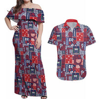 Red Samoa Manuia Le Kerisimasi Couples Matching Off Shoulder Maxi Dress and Hawaiian Shirt Pacific Patchwork Xmas Vibes - Polynesian Pride
