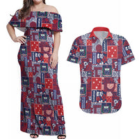 Red Samoa Manuia Le Kerisimasi Couples Matching Off Shoulder Maxi Dress and Hawaiian Shirt Pacific Patchwork Xmas Vibes LT9 Red - Polynesian Pride