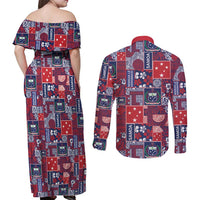 Red Samoa Manuia Le Kerisimasi Couples Matching Off Shoulder Maxi Dress and Long Sleeve Button Shirt Pacific Patchwork Xmas Vibes LT9 - Polynesian Pride