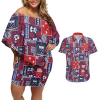Red Samoa Manuia Le Kerisimasi Couples Matching Off Shoulder Short Dress and Hawaiian Shirt Pacific Patchwork Xmas Vibes - Polynesian Pride
