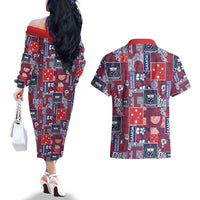 Red Samoa Manuia Le Kerisimasi Couples Matching Off The Shoulder Long Sleeve Dress and Hawaiian Shirt Pacific Patchwork Xmas Vibes LT9 - Polynesian Pride