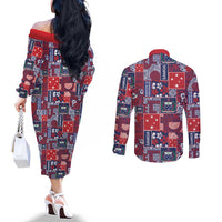 Red Samoa Manuia Le Kerisimasi Couples Matching Off The Shoulder Long Sleeve Dress and Long Sleeve Button Shirt Pacific Patchwork Xmas Vibes LT9 - Polynesian Pride