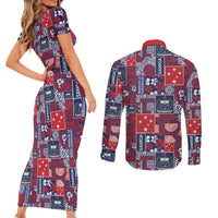 Red Samoa Manuia Le Kerisimasi Couples Matching Short Sleeve Bodycon Dress and Long Sleeve Button Shirt Pacific Patchwork Xmas Vibes LT9 - Polynesian Pride