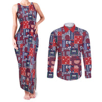 Red Samoa Manuia Le Kerisimasi Couples Matching Tank Maxi Dress and Long Sleeve Button Shirt Pacific Patchwork Xmas Vibes LT9 Red - Polynesian Pride
