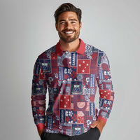 Red Samoa Manuia Le Kerisimasi Long Sleeve Polo Shirt Pacific Patchwork Xmas Vibes LT9 - Polynesian Pride