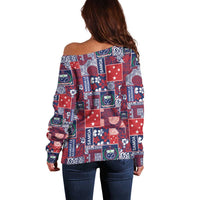 Red Samoa Manuia Le Kerisimasi Off Shoulder Sweater Pacific Patchwork Xmas Vibes - Polynesian Pride