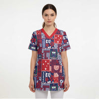 Red Samoa Manuia Le Kerisimasi Scrub Top Pacific Patchwork Xmas Vibes LT9 - Polynesian Pride