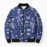 Blue Samoa Manuia Le Kerisimasi Bomber Puffer Jacket Pacific Patchwork Xmas Vibes LT9 Unisex Blue - Polynesian Pride