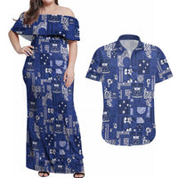 Blue Samoa Manuia Le Kerisimasi Couples Matching Off Shoulder Maxi Dress and Hawaiian Shirt Pacific Patchwork Xmas Vibes LT9 Blue - Polynesian Pride