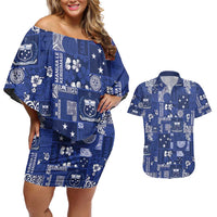Blue Samoa Manuia Le Kerisimasi Couples Matching Off Shoulder Short Dress and Hawaiian Shirt Pacific Patchwork Xmas Vibes LT9 Blue - Polynesian Pride