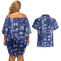 Blue Samoa Manuia Le Kerisimasi Couples Matching Off Shoulder Short Dress and Hawaiian Shirt Pacific Patchwork Xmas Vibes LT9 - Polynesian Pride