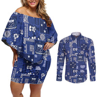 Blue Samoa Manuia Le Kerisimasi Couples Matching Off Shoulder Short Dress and Long Sleeve Button Shirt Pacific Patchwork Xmas Vibes LT9 Blue - Polynesian Pride