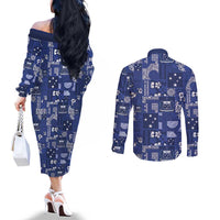 Blue Samoa Manuia Le Kerisimasi Couples Matching Off The Shoulder Long Sleeve Dress and Long Sleeve Button Shirt Pacific Patchwork Xmas Vibes LT9 - Polynesian Pride