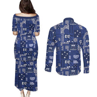 Blue Samoa Manuia Le Kerisimasi Couples Matching Puletasi and Long Sleeve Button Shirt Pacific Patchwork Xmas Vibes LT9 - Polynesian Pride