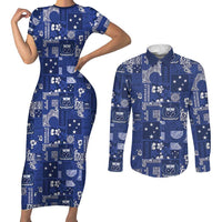 Blue Samoa Manuia Le Kerisimasi Couples Matching Short Sleeve Bodycon Dress and Long Sleeve Button Shirt Pacific Patchwork Xmas Vibes LT9 Blue - Polynesian Pride