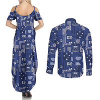 Blue Samoa Manuia Le Kerisimasi Couples Matching Summer Maxi Dress and Long Sleeve Button Shirt Pacific Patchwork Xmas Vibes LT9 - Polynesian Pride