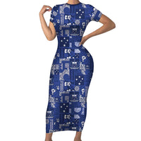 Blue Samoa Manuia Le Kerisimasi Short Sleeve Bodycon Dress Pacific Patchwork Xmas Vibes LT9 Long Dress Blue - Polynesian Pride
