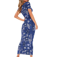 Blue Samoa Manuia Le Kerisimasi Short Sleeve Bodycon Dress Pacific Patchwork Xmas Vibes LT9 - Polynesian Pride